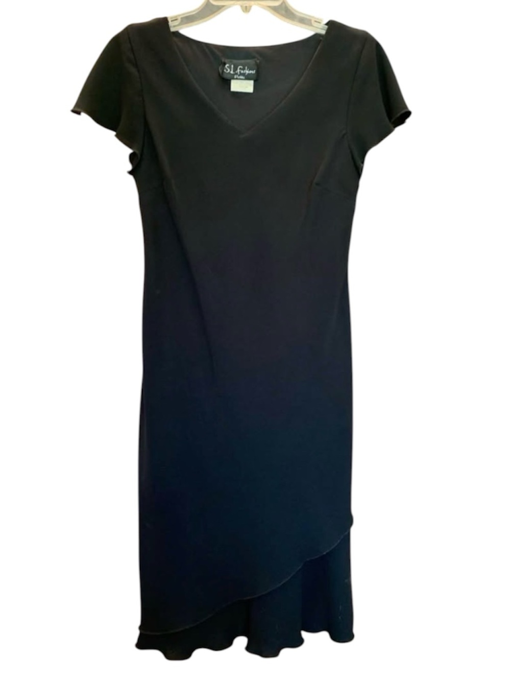 S.L. Fashions Vintage Black V-Neck Asymmetrical Midi Dress